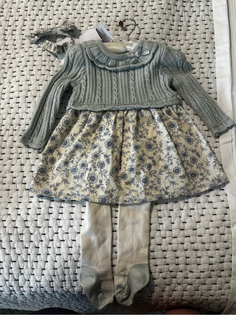 NWT! Shabby Chic -Knit Sweater Dress with Floral Skirt and Tights - Blue & Cream